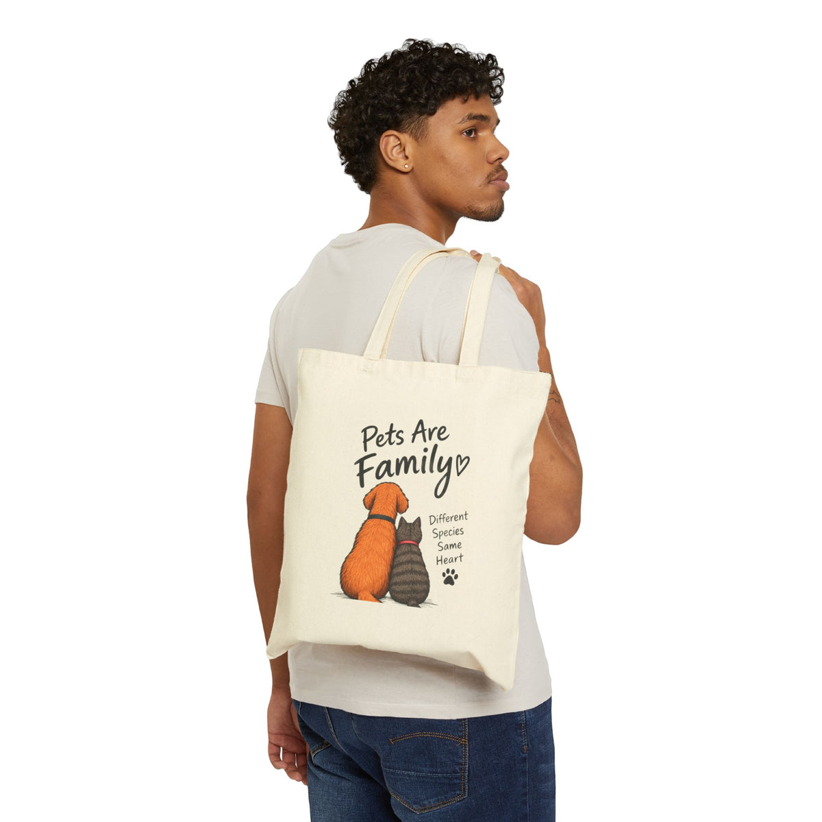 Canvas Tote Bag — "Pets Are Family" Dog & Cat Illustration, Animal Lover Reusable Market Tote