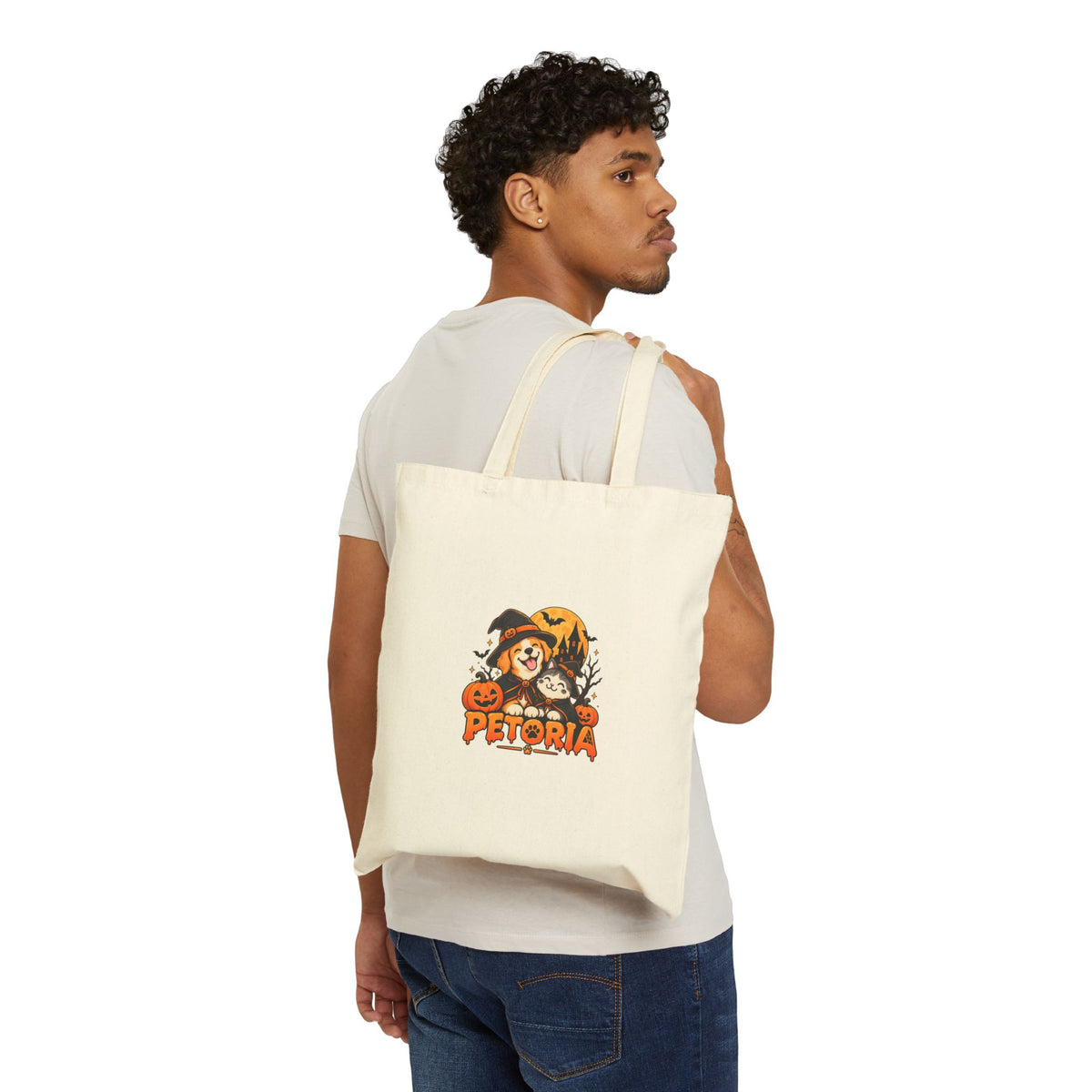 Halloween Petoria Canvas Tote Bag — Cute Dog in Witch Hat Pumpkin Design